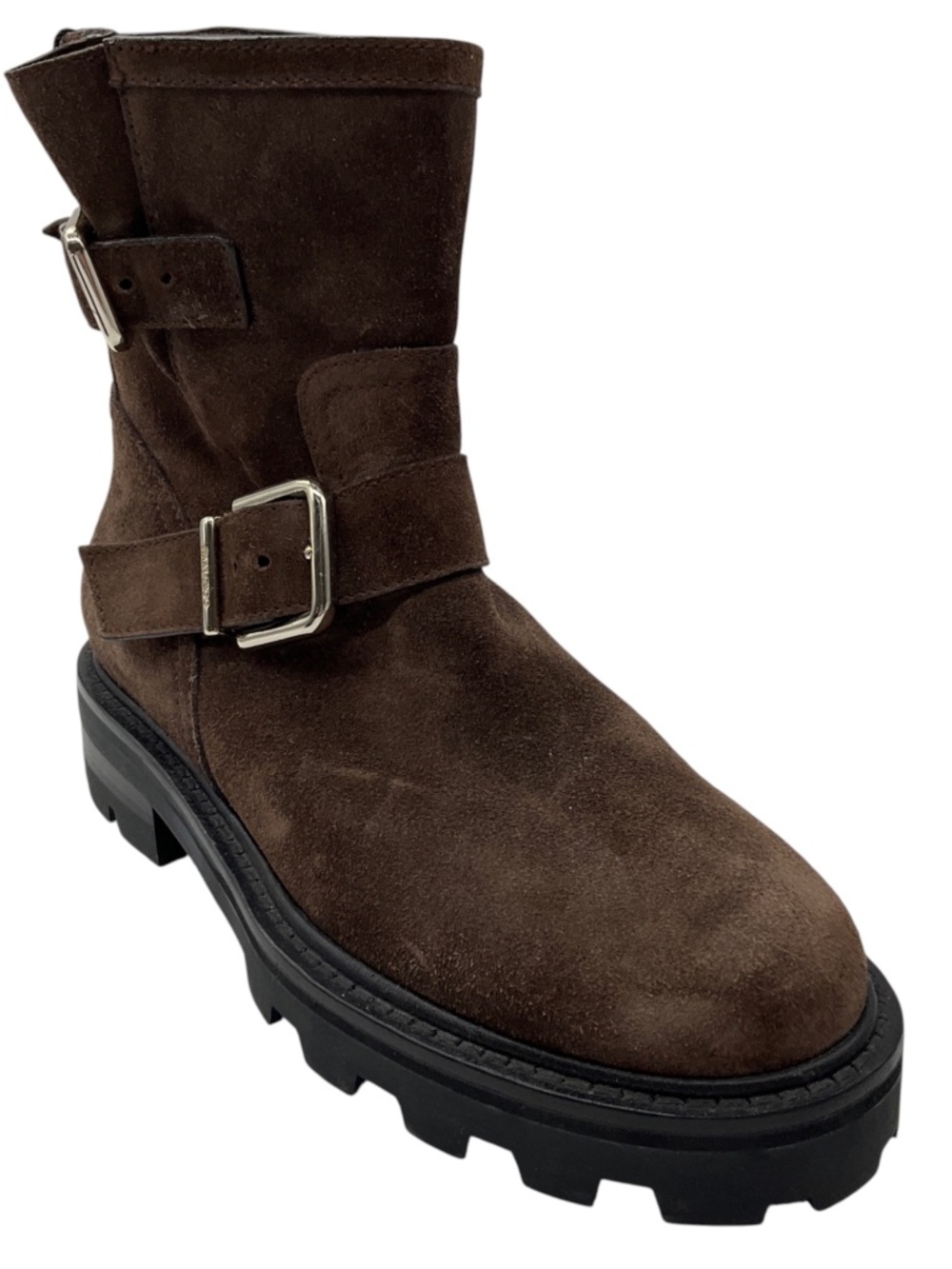 JIMMY CHOO BROWN SUEDE LEATHER MOTO BOOTS WITH BUCKLE DETAIL